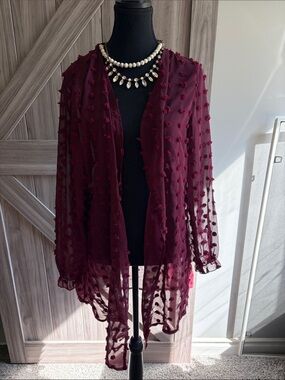 SHEIN Burgundy Pom-Pom Sheer Open Cardigan
